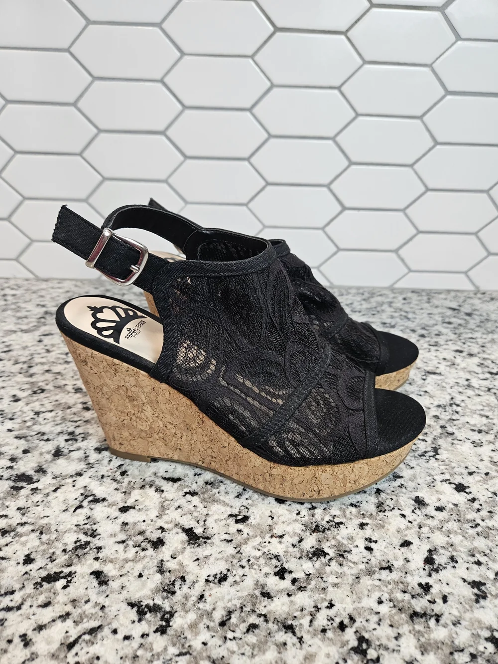 Black Lace Cork Wedge Slingback Sandals - Comfortable Dressy Wedges Size 7.5